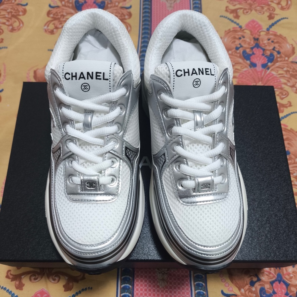 Chanel White & Silver Logo Sneakers